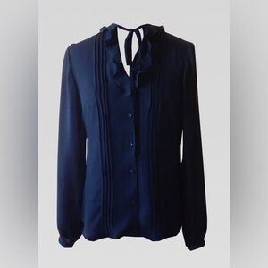 Black Ruffle Front Button Down Blouse
